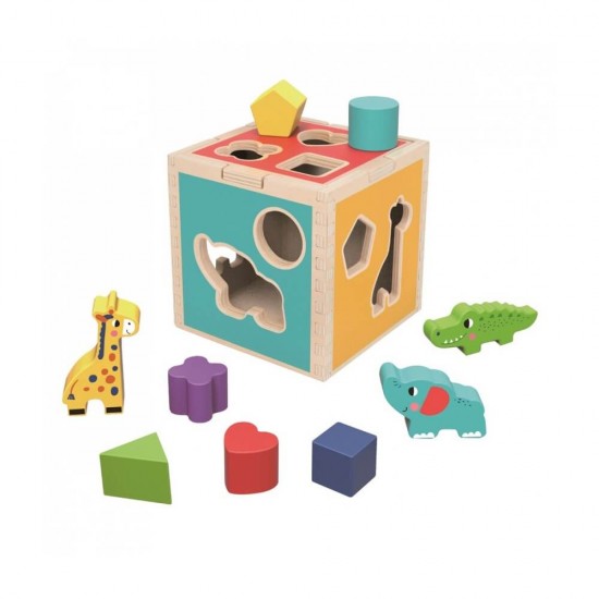 Tooky Toy Ξύλινος Κύβος Σφηνώματα Με Ζωάκια Και Σχήματα TH442